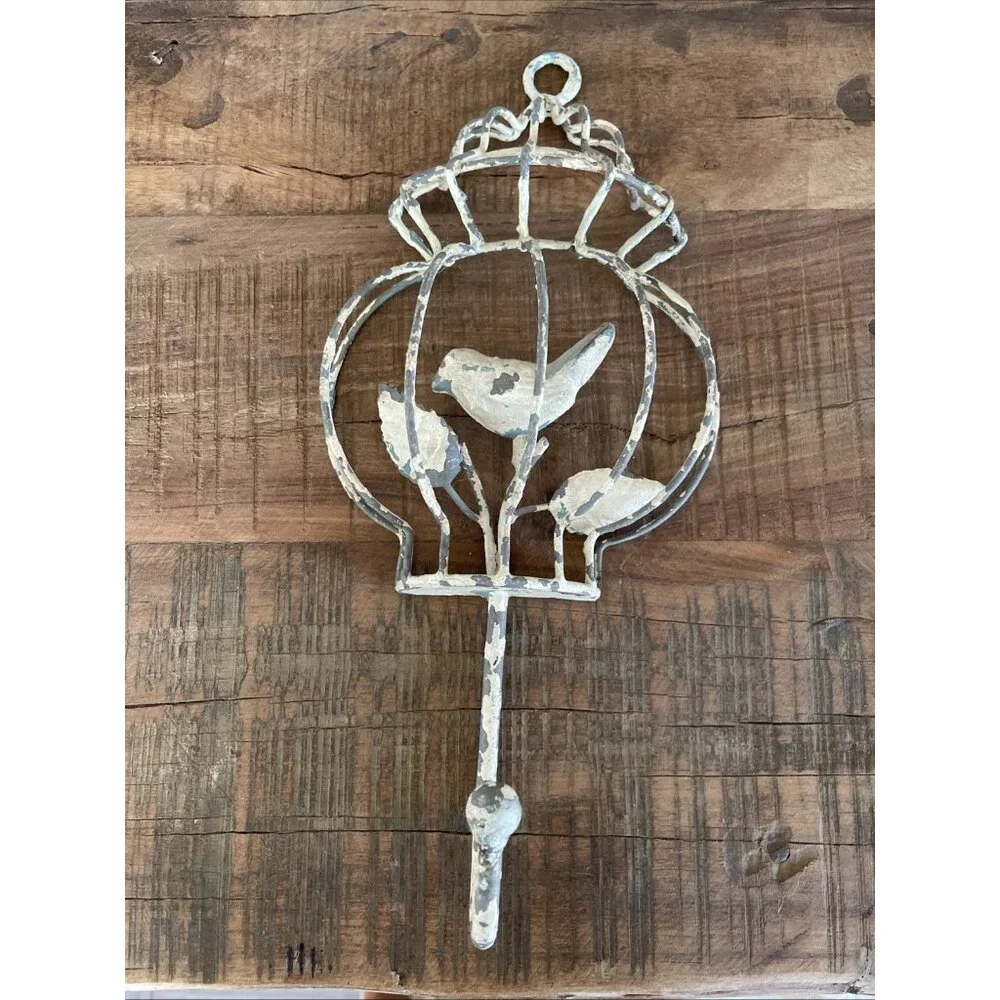 2 Rustic Metal Bird Cage Hooks Leaves Decorative Cottage Core Farmhouse Nature